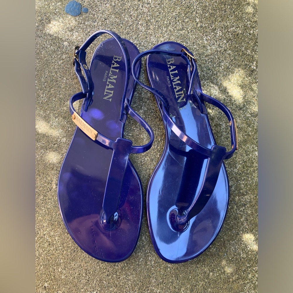 Balmain Womens Navy Blue Jelly Sandals - Strappy T-Bar Style